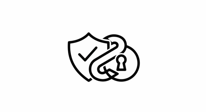 Stylized shield with checkmark, linked to a keyhole within a circle