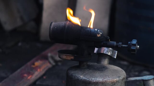 decorative burning of a wooden pallet for a street table with an old gasoline blowtorch