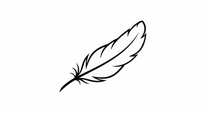 Minimalist black outline of a single feather on a white background