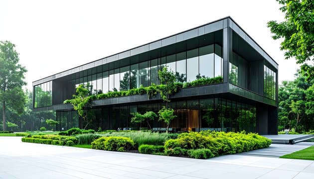 Modern architectural marvel - A sleek building harmonizing with lush greenery.