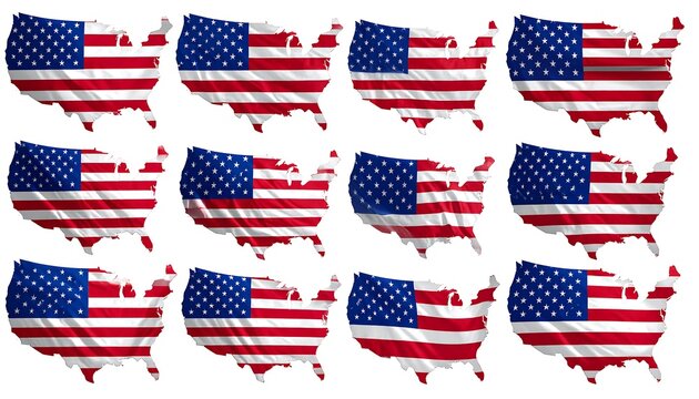 A grid of 12 similar images US maps stylized with the American flag. The flag?s stars and stripes texture the country's shape
