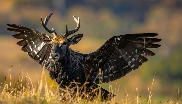 Composite image of a creature, body like a beast with deer antlers, wings like a bird spread wide