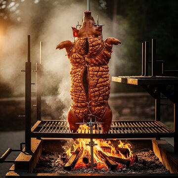 Roasted pig on a spit over open fire cooking.