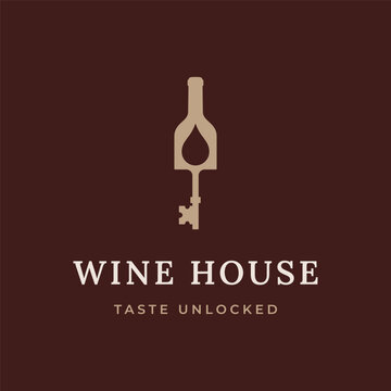 Minimalist wine bottle and key logo design with wine drop element, modern vector emblem combining bottle silhouette and antique key for winery or cellar branding