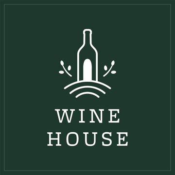 Minimalist wine bottle and vineyard hills logo design, vector emblem with wine fields, curved lines and floral branches on dark green background, linear style template for winery or estate branding