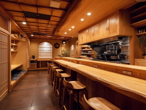高級感のある長い木製カウンターが印象的な無人の和食レストランや寿司屋の内装風景