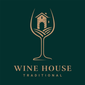 Traditional wine house logo design with stone manor and vineyard hills inside a wineglass, elegant vector emblem for classic winery, rural estate branding or organic cellar