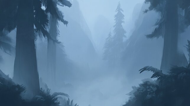 Misty mountain forest path, digital art, game background