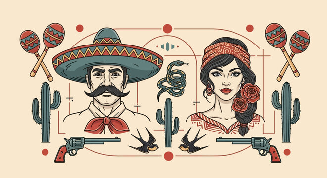 Vintage Mexican Culture Illustration with Man in Sombrero, Woman with Roses, Cacti, Maracas, and Revolvers - Southwestern Traditional Art