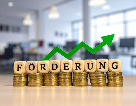 Holzklötze bilden das Wort "Förderung" auf Münzstapel , mit einen steigenden grünen Pfeil.