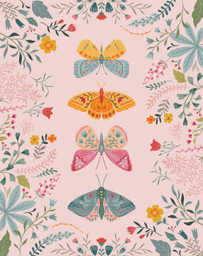 Vector Folk Nordic art posters template with insects and plants. Butterflies in flower ornament. Modern trendy minimal style. Hand drawn design for wall decor, print, postcard, cover, banner.