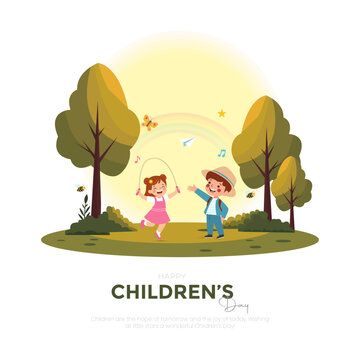Happy Children&rsquo;s Day Illustration with Kids Playing Outdoors in Nature Park Scene, vector illustration.