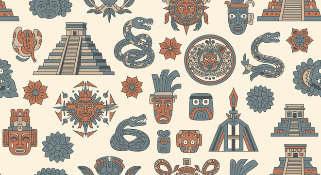 Ancient Aztec and Mayan Seamless Pattern with Mexican Culture Symbols, Tribal Masks, Pyramids, Sun Stone, and Feathered Serpents on Beige Background