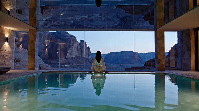 a luxury desert resort during Blue Hour. This scene highlights Inland Tourism, AlUla, Liwa, glamping, and the  "Quiet Luxury" travel trend.