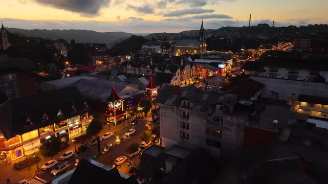 Aerial view of houses with European Alpine architecture on Borges de Medeiros Avenue - Gramado, Rio Grande do Sul, Brazil