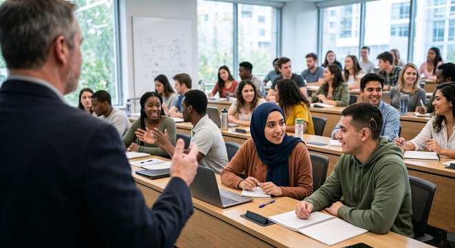 Diverse group of students listening to professor during university lecture.