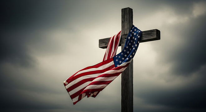 Usa 4 july patriotic display american flag draped on a wooden cross against a dramatic sky