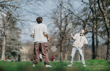 Fototapeta premium Two young friends play badminton on a grassy lawn in a park. A casual outdoor game captures movement and relaxed weekend leisure.