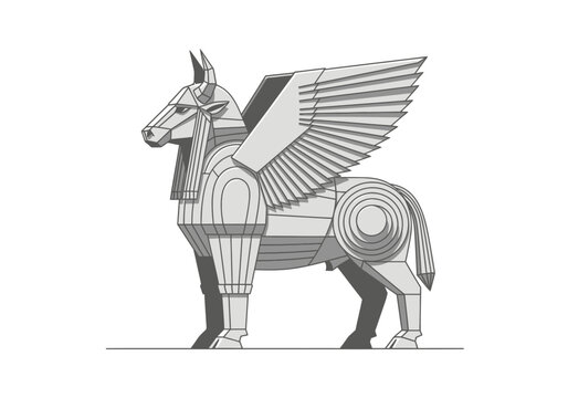 Modern Geometric Lamassu Illustration - Ancient Assyrian Winged Bull Guardian in Minimalist Architectural Line Art Style