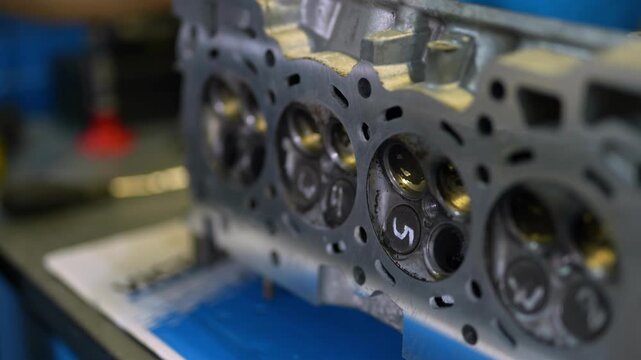 Close-up of a car cylinder head with numbered intake valves