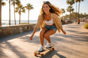 Foto auf Acrylglas Abstieg zum Strand Happy Young Woman Riding Longboard on Sunny Coastal Beach Boardwalk  © Jeannette