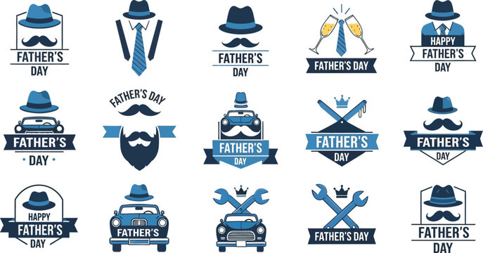 Collection of Father's Day badges and logos featuring hats, mustaches, cars, and tools in a vintage flat design style.