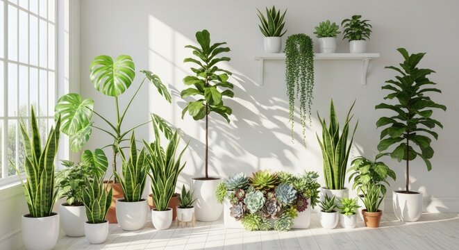 A bright, airy room features a collection of lush houseplants arranged on shelves and against a window.