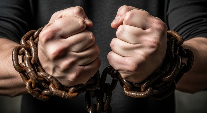 A man's hands are clenched around a heavy, rusted chain. The man's knuckles are prominent, and his muscles are visible.