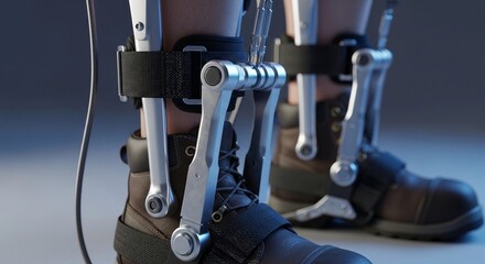 Obraz premium Detailed close up of a robotic exoskeleton leg brace attached to a leather boot for mobility support.