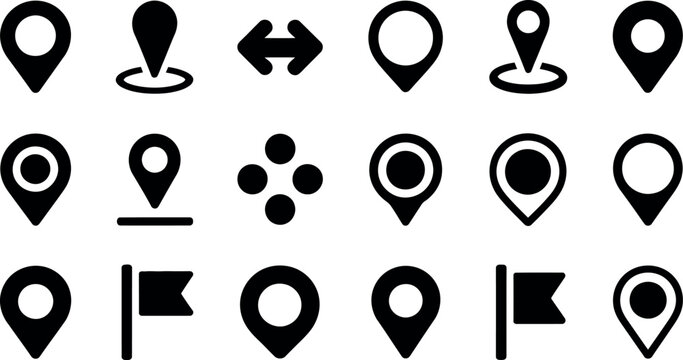 Collection of various location pin icons with different symbols inside isolated design