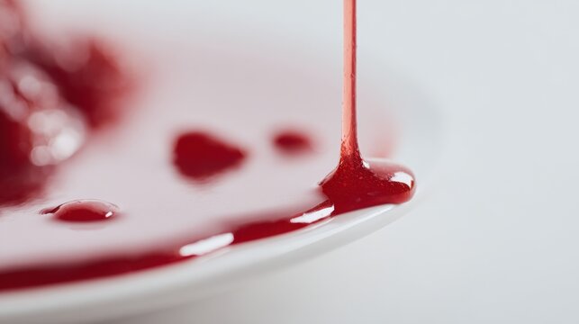 xtreme close-up of glossy red berry coulis being poured onto a white plate, creating a smooth, elegant pool with a luxurious reflective finish.