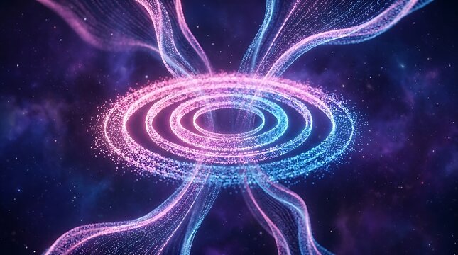 Abstract cosmic energy rings with glowing particle streams in a starry space background