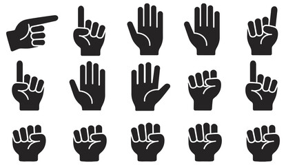 Obraz premium Hand gesture icon set featuring pointing, counting, and fist symbols, professional CAD drawing style, rank titles system, performance levels, progress indicators, communication design elements, 