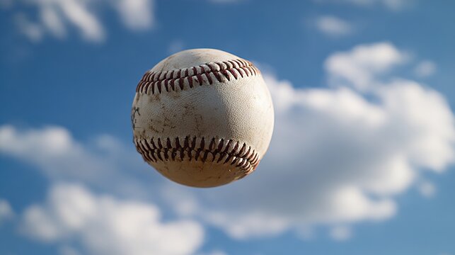 hurl. A baseball suspended in mid-air against a plain, blurred background. event key visuals, club posters, designed for sports event promotions and stadium branding, used by fitness trainers.