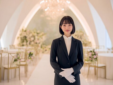 結婚式場のバージンロードで手袋を着用し正装で微笑むビジネスウーマンのウェディングプランナー