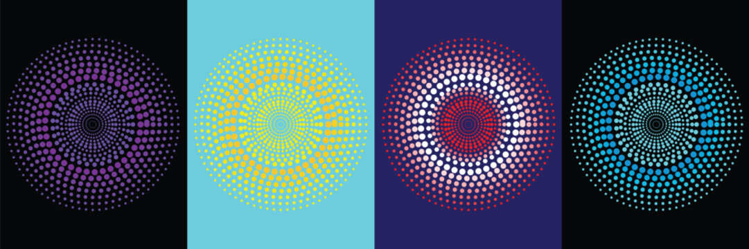Abstract radial dots circular pattern set colorful geometric background