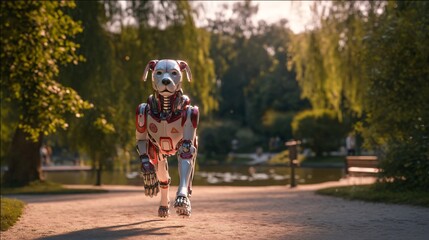 Fototapeta premium Robotic Canine in Park: A futuristic robotic dog gracefully moves through a picturesque park, blurring the lines between technology and nature.