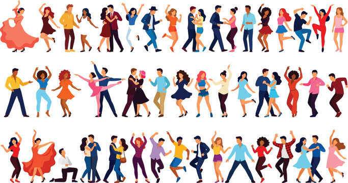 Diverse dancing people character set. Solo dancers and couple performers. Various dance styles and party crowd. Vector illustration.