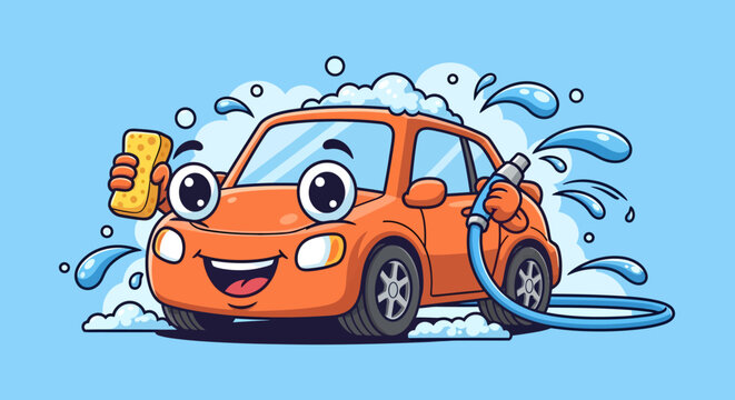 Happy cartoon car getting washed with soap and water.