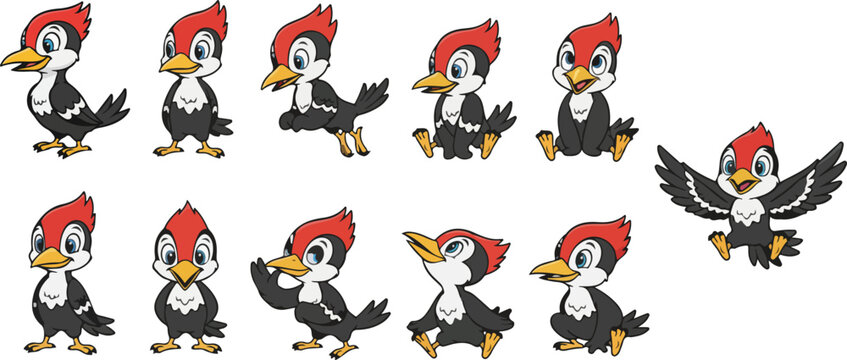 vector illustration of woodpecker bird funny cute cartoon mascot character cartoon with 11 poses