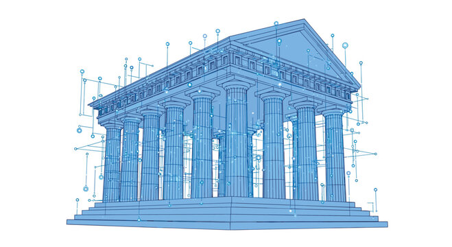 A blue wireframe rendering of a classical bank building is illuminated with glowing digital connections and data points.