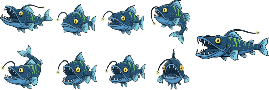 vector illustration of viperfish funny cute cartoon mascot character cartoon with 9 poses 