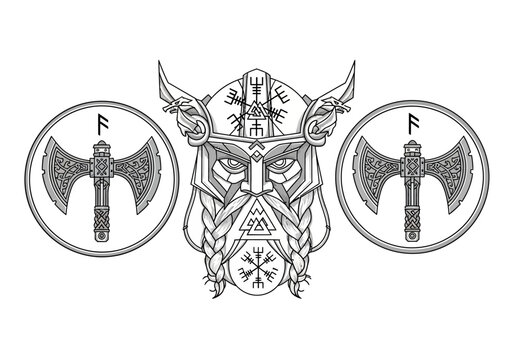 Viking Warrior Head with Ornate Helmet, Double-Headed Battle Axes and Norse Runes, Black and White Tattoo Style Illustration