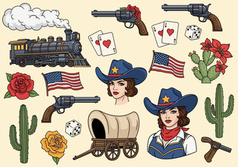 Retro Wild West Illustration Set featuring Vintage Cowgirl Portraits, Revolvers, Steam Locomotive, American Flags, Cactus, and Western Icons in Old School Tattoo Style © yuli