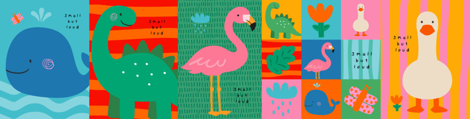 Cute nursery wall posters. Bright vector illustrations of animals: a whale, dinosaur, flamingo, and goose for nursery decor, print, card, art and postcard. Children's naive drawings © Ardea-studio