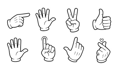 Fototapeta premium Cartoon white glove hand gesture vector icon set with pointing waving victory sign and cupped hand isolated on white background