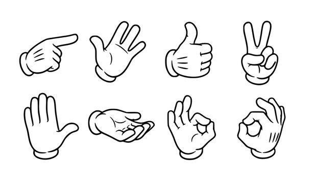 Cartoon white glove hands vector set expressive gesture collection with pointing waving victory and open palm isolated on white