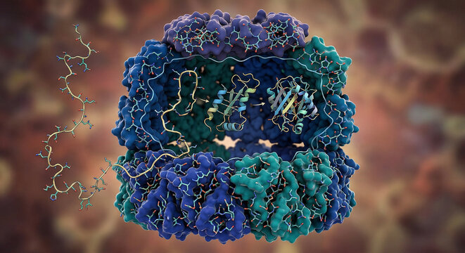 Detailed 3D molecular visualization of a barrel-shaped chaperonin complex folding an unfolded polypeptide