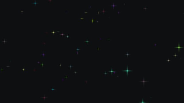 Loop bokeh background with light and colorful stars rising up on a dark background.Twinkle light stars blink looping animation on green background.Night starry skies with twinkling motion background.