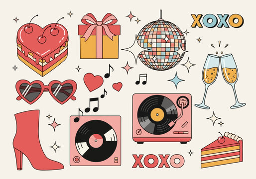 Groovy Retro 70s Party Element Set with Disco Ball, Record Player, Heart Cake, and Champagne Clipart for Valentine's Day and Disco Themed Designs